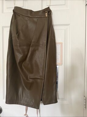New House of CB Olive /brown Faux Leather Midi Skirt with Side Buttons/slit